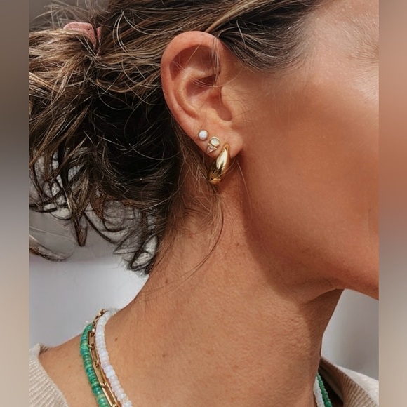 Tiny Stud Earrings Opal and Pink CZ Triangle Opal & Crystal Dainty Studs PRETTY - Picture 2 of 12